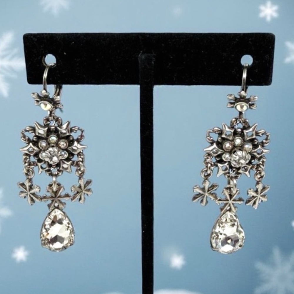 Kirk’s Folly Snowflake Dangle Earrings – Crystal Drop, Silver Tone, 2” | Signed